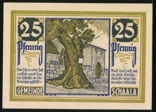 Notgeld Schaala 1921, 25 Pfennig, Bauer mit Pferdepflug, Fabrik, Obstschale, alter Baum vor einem Gebäude