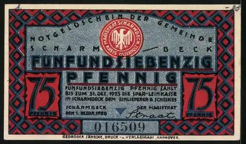 Notgeld Scharmbeck 1920, 75 Pfennig, Wappen Magistrat Scharmbeck Kreis Osterholz, Scharmbecker Oktobermarkt