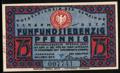 Notgeld Scharmbeck 1920, 75 Pfennig, Wappen Magistrat Scharmbeck Kreis Osterholz, Scharmbecker Oktobermarkt