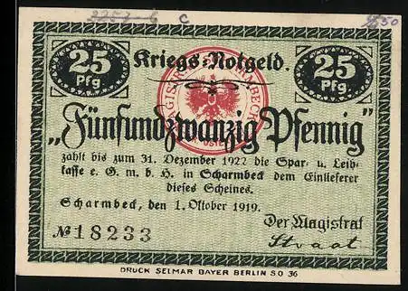 Notgeld Scharmbeck 1919, 25 Pfennig, Wappen Magistrat Scharmbeck Kreis Osterholz