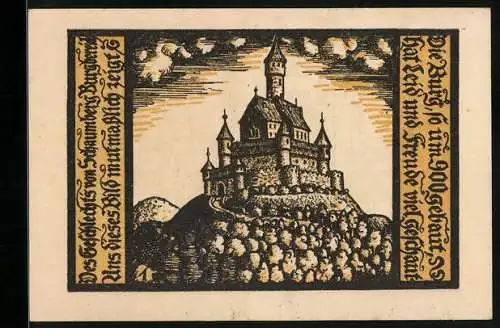 Notgeld Schalkau / Thür. 1921, 50 Pfennig, zwei Ritter mit Wappen, Burg Schaumburg