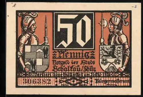 Notgeld Schalkau / Thür. 1921, 50 Pfennig, zwei Ritter mit Wappen, Ritter kämpfen vor der Burg
