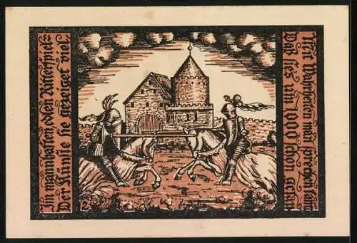 Notgeld Schalkau / Thür. 1921, 50 Pfennig, zwei Ritter mit Wappen, Ritter kämpfen vor der Burg