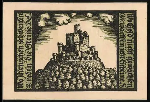 Notgeld Schalkau / Thür. 1921, 50 Pfennig, zwei Ritter mit Wappen, Burgruine