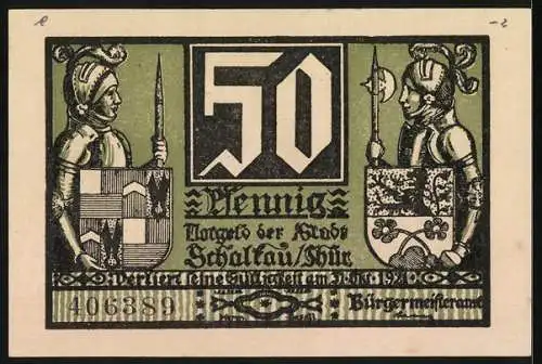 Notgeld Schalkau / Thür. 1921, 50 Pfennig, zwei Ritter mit Wappen, Burgruine