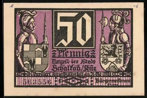 Notgeld Schalkau / Thür. 1921, 50 Pfennig, zwei Ritter mit Wappen, Ritterkampf vor der Burg