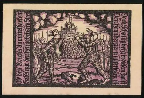 Notgeld Schalkau / Thür. 1921, 50 Pfennig, zwei Ritter mit Wappen, Ritterkampf vor der Burg