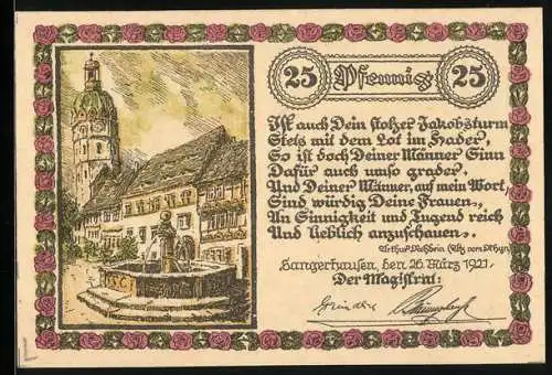 Notgeld Sangerhausen 1921, 25 Pfennig, Brunnen und Gebäude, Bildstock und Wappen