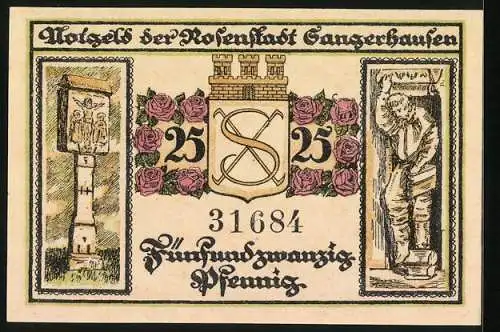 Notgeld Sangerhausen 1921, 25 Pfennig, Brunnen und Gebäude, Bildstock und Wappen