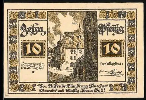 Notgeld Sangerhausen 1921, 10 Pfennig, Gasse mit Gebäuden, Wappen und Rosen