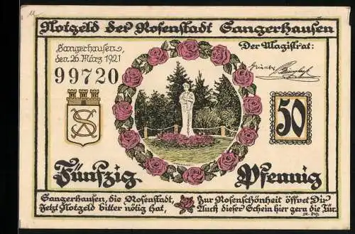 Notgeld Sangerhausen 1921, 50 Pfennig, Rosenschönheit im Park, Brunnen und Gebäude, Bildstock