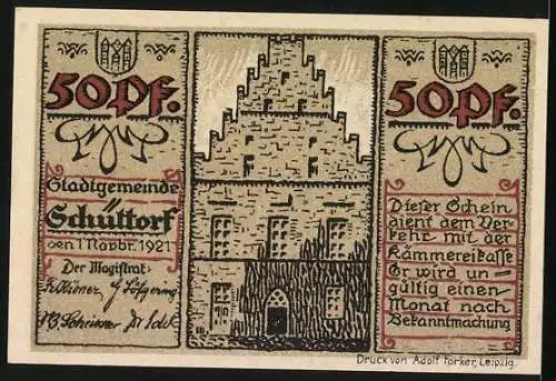 Notgeld Schüttorf 1921, 50 Pfennig, Gebäude, Wappen, Bürgermeister Michael Schümer anno 1683