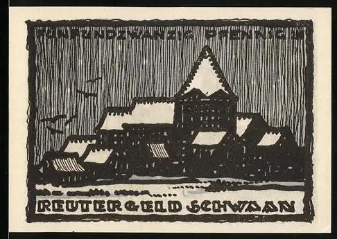 Notgeld Schwaan 1922, 25 Pfennig, Brücke, schneebedeckte Ortschaft