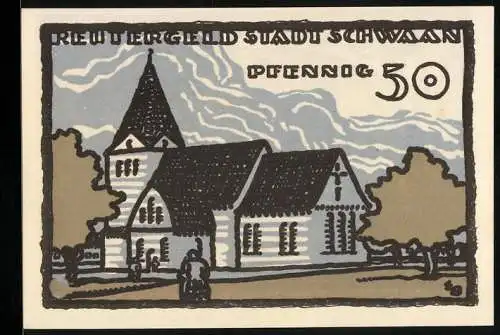 Notgeld Schwaan 1922, 50 Pfennig, Kirche, schneebedeckte Ortschaft