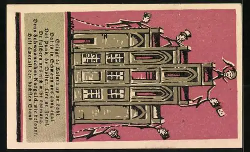 Notgeld Schwaan i. M. 1922, 1 Mark, Wappen, Figuren klettern das Rathaus hinauf
