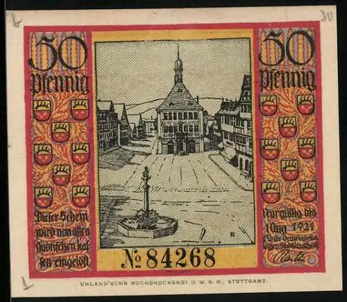 Notgeld Schorndorf 1921, 50 Pfennig, Marktplatz, Ratsherren