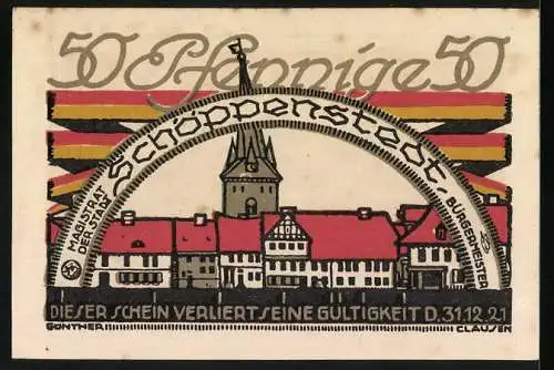 Notgeld Schöppenstedt 1921, 50 Pfennig, Stadtansicht mit Turm, Ratsherren beraten sich