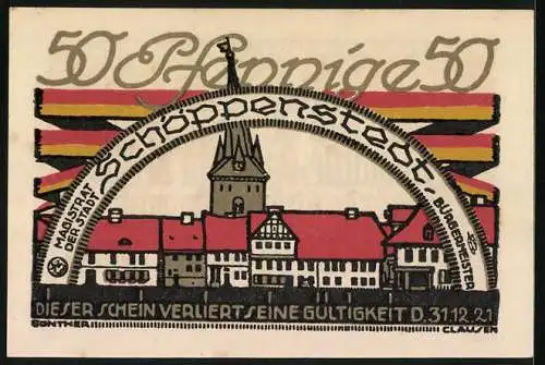 Notgeld Schöppenstedt 1921, 50 Pfennig, Stadtansicht mit Turm, Vers