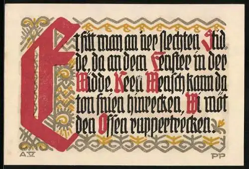 Notgeld Schöppenstedt 1921, 50 Pfennig, Stadtansicht mit Turm, Vers
