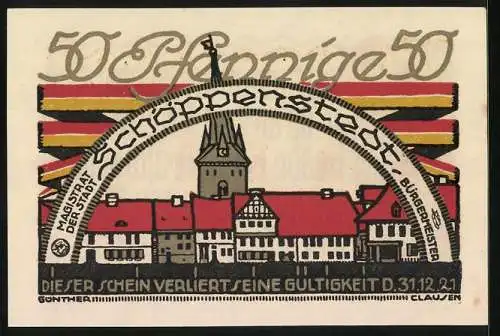 Notgeld Schöppenstedt 1921, 50 Pfennig, Stadtansicht mit Turm, Vers