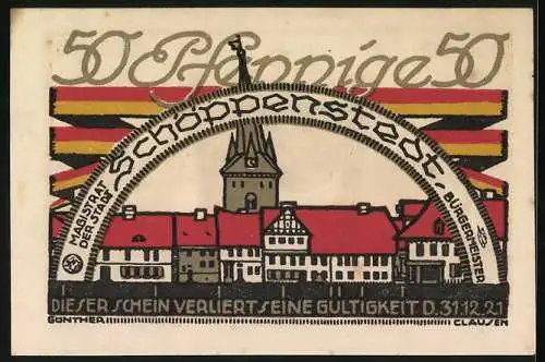 Notgeld Schöppenstedt 1921, 50 Pfennig, Stadtwappen, Stadtansicht mit Turm