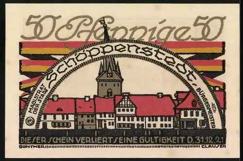 Notgeld Schöppenstedt 1921, 50 Pfennig, Stadtansicht mit Turm, Ratsherren stehen vor einem Turm