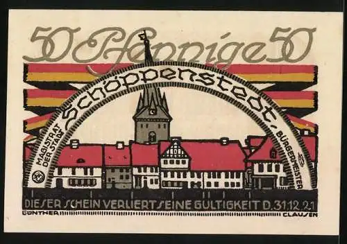 Notgeld Schöppenstedt 1921, 50 Pfennig, Stadtansicht mit Turm, Vers und Kirche