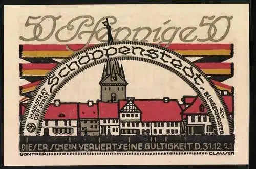 Notgeld Schöppenstedt 1921, 50 Pfennig, Stadtansicht mit Turm, Vers