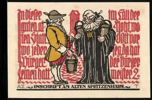 Notgeld Schöppenstedt 1921, 50 Pfennig, Stadtansicht mit Turm, Ratsherren mit Inschrift am alten Spitzenhaus