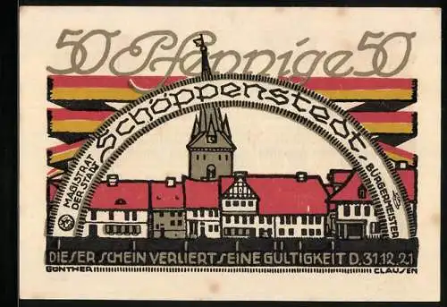 Notgeld Schöppenstedt 1921, 50 Pfennig, Ratsherren und Vers, Stadtansicht mit Turm