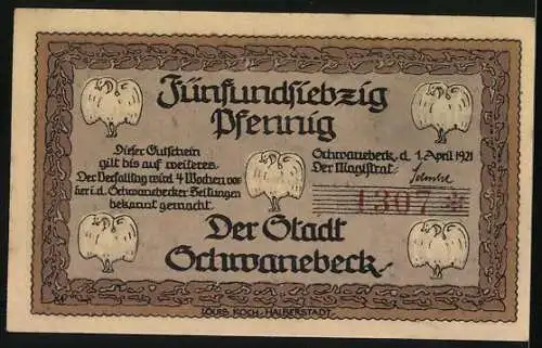 Notgeld Schwanebeck 1921, 75 Pfennig, Rathausm Schwäne, Männer um 1913 & 1921