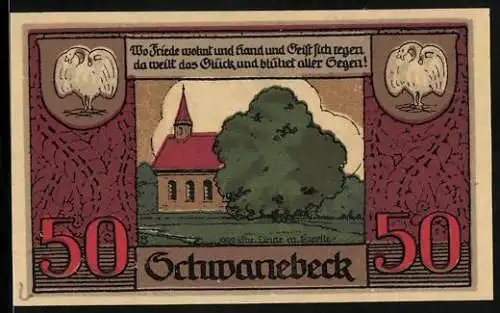 Notgeld Schwanebeck 1921, 50 Pfennig, 1000 jähr. Linde mit Kapelle, Schwäne