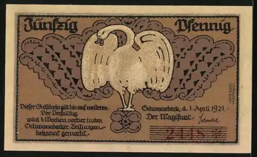 Notgeld Schwanebeck 1921, 50 Pfennig, 1000 jähr. Linde mit Kapelle, Schwäne