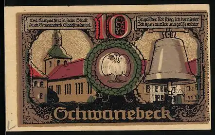 Notgeld Schwanebeck 1921, 10 Pfennig, Kirche und Glocke, Wappen, Schwäne