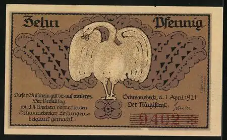 Notgeld Schwanebeck 1921, 10 Pfennig, Kirche und Glocke, Wappen, Schwäne