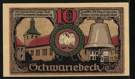 Notgeld Schwanebeck 1921, 10 Pfennig, Kirche und Glocke, Wappen, Schwäne
