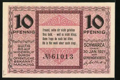 Notgeld Schwarza 1921, 10 Pfennig, Ortsansicht