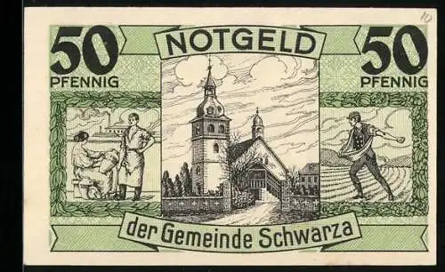 Notgeld Schwarza 1921, 50 Pfennig, Kirche, Bauer, Malerin verziert Krüge