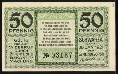 Notgeld Schwarza 1921, 50 Pfennig, Kirche, Bauer, Malerin verziert Krüge