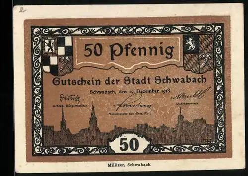 Notgeld Schwabach 1918, 50 Pfennig, Stadtwappen und Stadtsilhouette, Marktplatz
