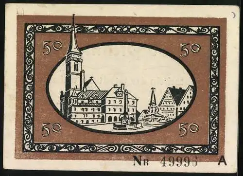 Notgeld Schwabach 1918, 50 Pfennig, Stadtwappen und Stadtsilhouette, Marktplatz