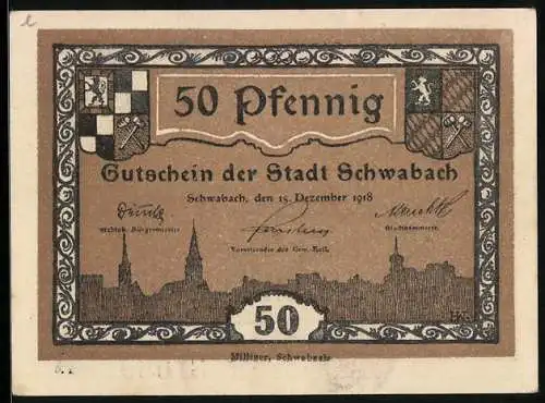 Notgeld Schwabach 1918, 50 Pfennig, Stadtwappen und Stadtsilhouette, Marktplatz