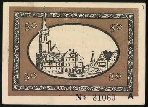 Notgeld Schwabach 1918, 50 Pfennig, Stadtwappen und Stadtsilhouette, Marktplatz