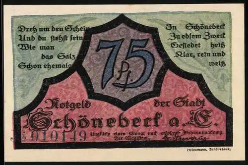 Notgeld Schönebeck a. E., 75 Pfennig, Bergleute in der Mine