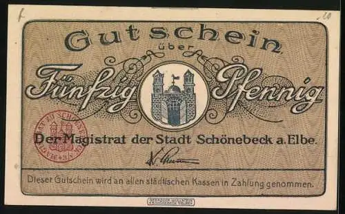 Notgeld Schönebeck a. E., 50 Pfennig, Rathaus, Wappen