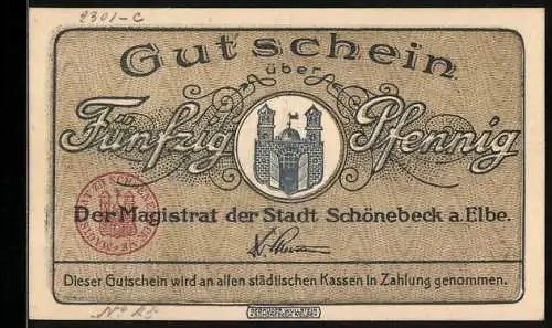 Notgeld Schönebeck a. E., 50 Pfennig, Rathaus, Wappen