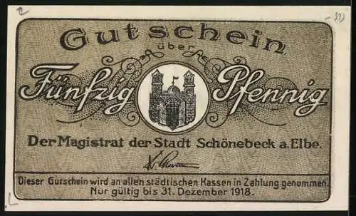 Notgeld Schönebeck a. E., 50 Pfennig, Rathaus, Wappen