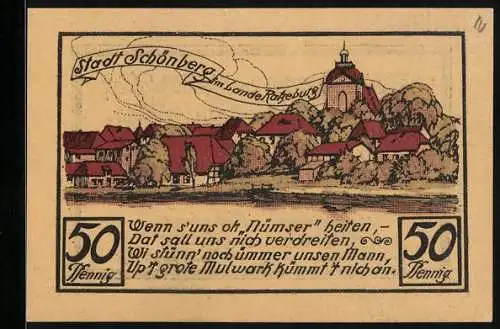 Notgeld Schönberg i. M. 1923, 50 Pfennig, Stadtpanorama