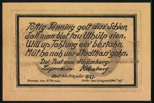 Notgeld Schönberg i. M. 1923, 50 Pfennig, Stadtpanorama