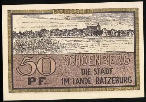 Notgeld Schönberg i. M. 1922, 50 Pfennig, Stadtpanorama, Strassenansicht mit Turm